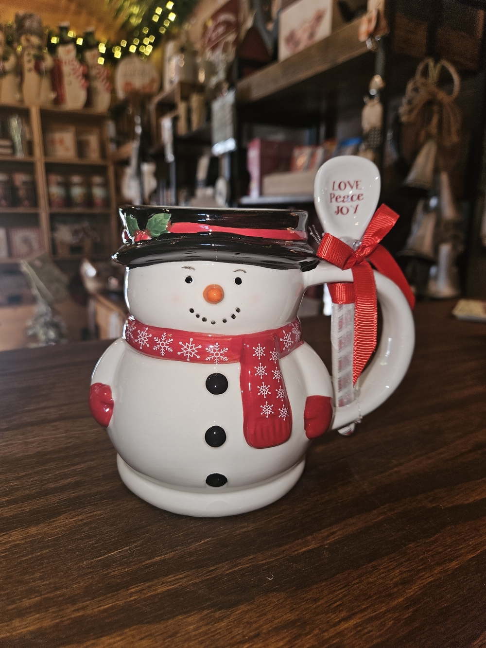 Holiday Snowman Ceramic Mug with Red Scarf and Spoon